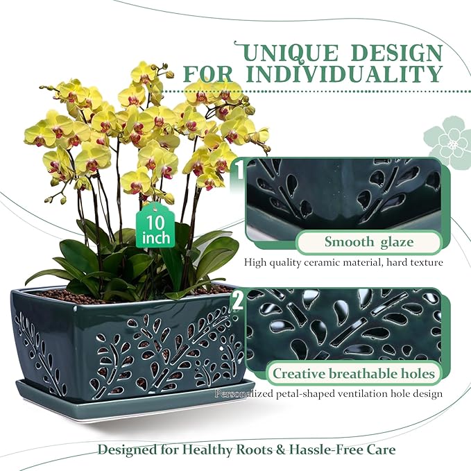 Ceramic Orchid Pot, 10 Inch Rectangular Orchid Pots with Holes, Premium Thickened Handmade Glazed Pot for Orchidaceae Plants, Indoor Outdoor Decorative Flower Pot for Easy Repotting