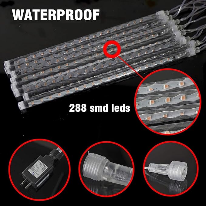 TW SHINE Christmas Meteor Shower Lights Outdoor, 288 LED 12" 8 Tubes Waterproof Christmas Lights Outdoor Plug in, Snow Falling Rain Icicle Xmas Lights Decorations, Warm White
