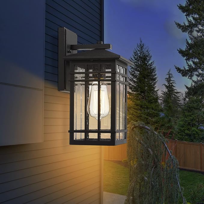 Outdoor Wall Lantern, Exterior Light Fixture Mount, 1-Light Waterproof Lighting With Seeded Glass for Porch, Garage, Patio, Hallway, Entryway, Black
