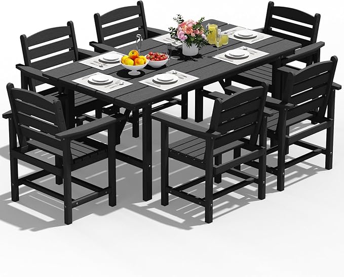 Patio Dining Set for 6 with Umbrella Hole - 66" Outdoor Table & 6 Chairs, All-Weather HDPE Outdoor Furniture for Lawn, Garden, Backyard, Poolside, Black