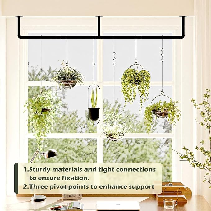 Plant Hanger Indoor with 6 Hanging Chains Hanging Planters for Indoor Plants Hanging Plant Holder Window Plant Rod Black Metal Shelves(73 Inch Pot not Included
