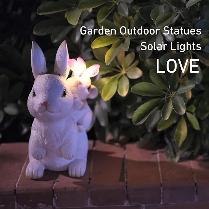 Garden Outdoor Statues Rabbit with Solar Lights,Mother&Baby Bunny Figurine with Solar Butterfly Changing Lights for Yard Art Garden&Patio Decor,Unique Easter&Birthday Gifts for Women Mom Grandma