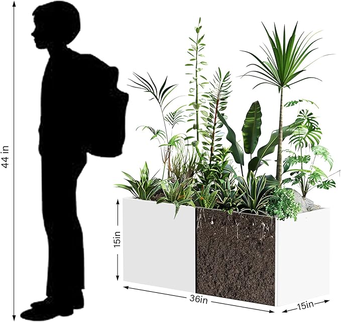 Outdoor Metal Planter Box - Heavy-Duty Rectangular Trough, All-Weather Rust-Resistant Design with 6 Drainage Holes | Large 36x15x15 Inch for Patio, Porch & Garden, White