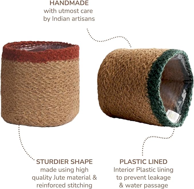 Jute Planter Basket-Woven Jute Rope Covers for Decorating Indoor/Outdoor Succulents, Small Plant Pots-Set of 2-Multi-Purpose Storage Bins 4.5 in - Modern Style Décor - Red, Green & Natural