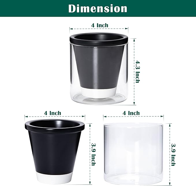 D'vine Dev 4 Inch Design Self Watering Planter for Indoor Plants, Black Terracotta Pot with Cylinder Glass Cup, Set of 2, 37-Y-A-3