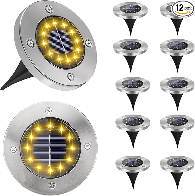 Solar Garden Lights Outdoor, 12 Packs Bright Solar Powered Ground Lights with Updated 12 LEDs, Waterproof Disk Warm Flat Lights for Garden Patio Yard Deck Lawn Walkway Landscape Decor