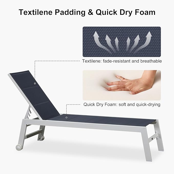 PURPLE LEAF Outdoor Chaise Lounge Set Oversize Adjustable Sunbathing Recliner Extra Wide Lounge Chairs with Side Table for Poolside Beach Outside Patio Aluminum Chaise Lounger Navy Blue 2 Sets