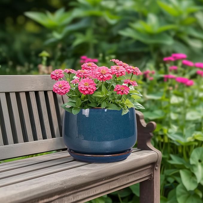 G EPGardening Ceramic Pot for Plants - Modern 7 Inch Round Planter with Drainage and Tray Indoor Outdoor for Flower, Porch Decor, Gardening Gifts, Retro Blue