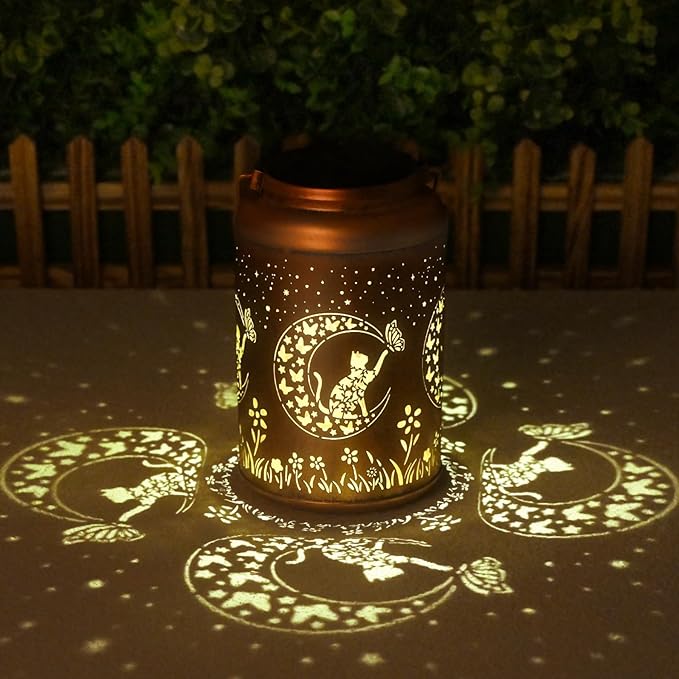 Solar Lanterns Outdoor Waterproof - 2 Pack Cat Garden Decor Birthday Gifts for Women Mom Grandma Hanging Solar Lights Metal Solar Lantern for Outside, Patio, Outdoor, Yard, Backyard, Porch