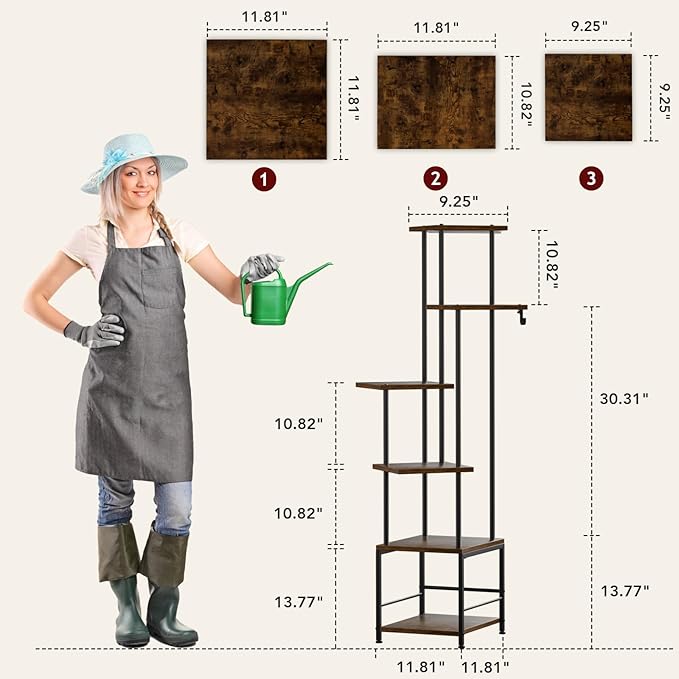 Plant Stand Indoor with Grow Light, 6-Tiered Tall Plant Stand Indoor, Metal Plant Shelf with Hanging Basket Hook and Adjustable Light, Ideal for Living Room, Garden, Patio, （Brown and Black）