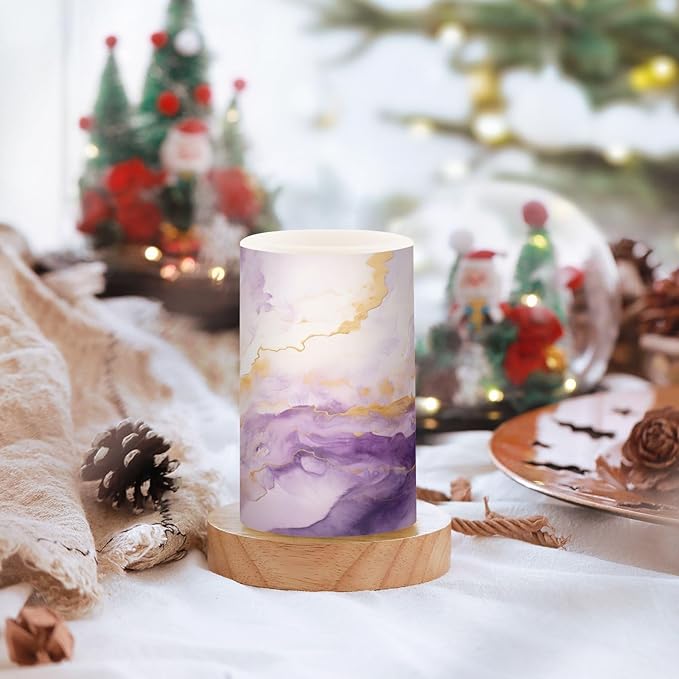 Flickering Flameless Candles, Purple Gold Marble LED Candles with Remote Timer, Set of 2 Battery Operated Candle for Valentine Wedding Birthday