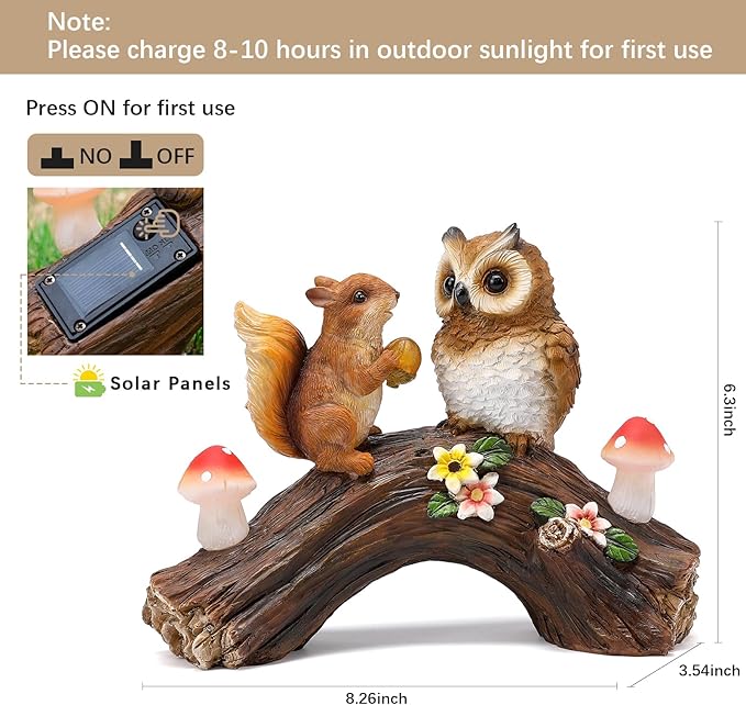Solar Owl Garden Statues Outdoor Decor Resin Owl Squirrel Figurine with Mushroom Lights for Patio Lawn Yard Decorations Christmas Housewarming Gardening Gifts for Women Mom