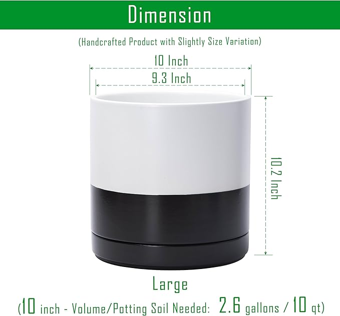 D'vine Dev 10 Inch Ceramic Planter Pot with Drainage Hole and Saucer, Indoor Cylinder Round Planter Pot, Layered Monochrome Black & White, 94-O-E-L