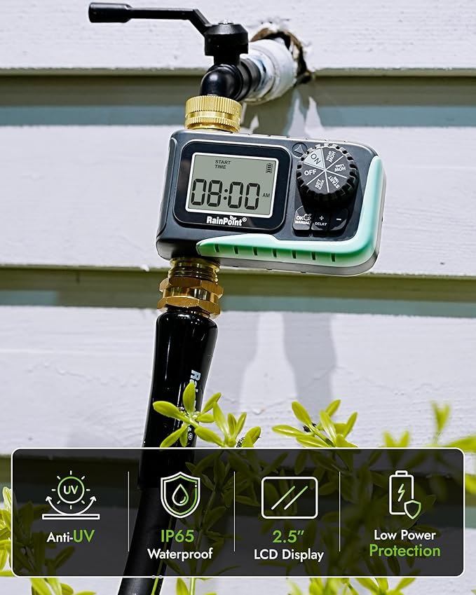 RAINPOINT Sprinkler Timer, 100% Metal Water Pipe Water Timer for Garden Hose, Programmable Hose Controller with Manual Watering/Rain Delay, Automatic Drip Irrigation System for Lawn, 1 Outlet