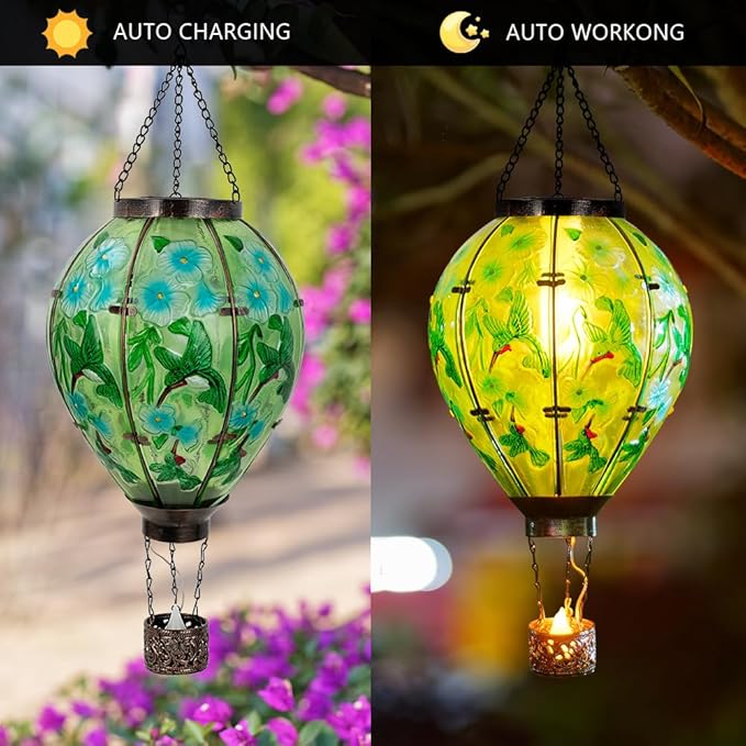 Starsoul Extra Large Solar Hot Air Balloon Lantern with Flame Hummingbird Glass Outdoor Hanging Hot Air Balloon Solar Light Waterproof Garden Patio Yard Party Decorations