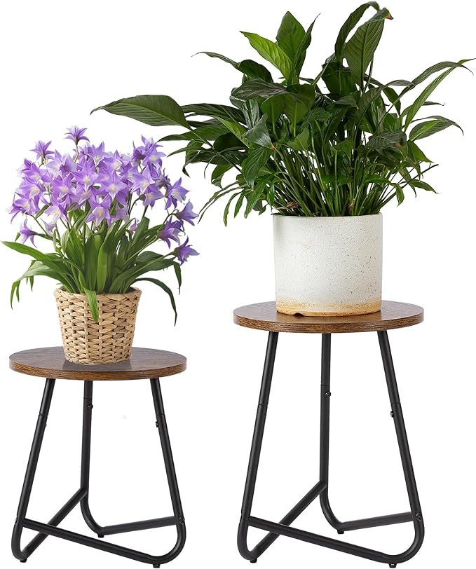 Indoor Plant Stand,Mid Century Wood Stand Plant Table,Modern Plant Stool for Outdoor,Metal Tall Holder for Flower Pots,Small Round Side End Table (Rustic Brown, 15 inch set of 2)