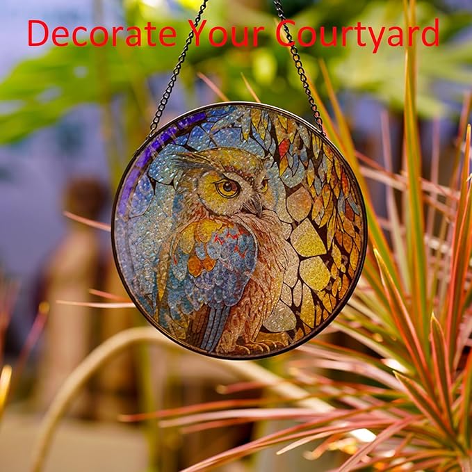 Hanging Stained Glass for Windows,20cm/7.87inch Owl Suncatcher Stained Glass Garden Hangings Ornaments Mother's Day Valentine's Day Halloween Fall Christmas Decor for Home (B Style)