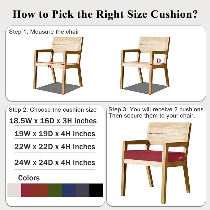 Outdoor Chair Cushions Set of 2 for Patio Furniture 18.5x16x3 Inch Waterproof Patio Chair Cushion 3 Year Color Fastness Rectangle Elastic Foam Garden Couch Pads with Ties and Handle,Red