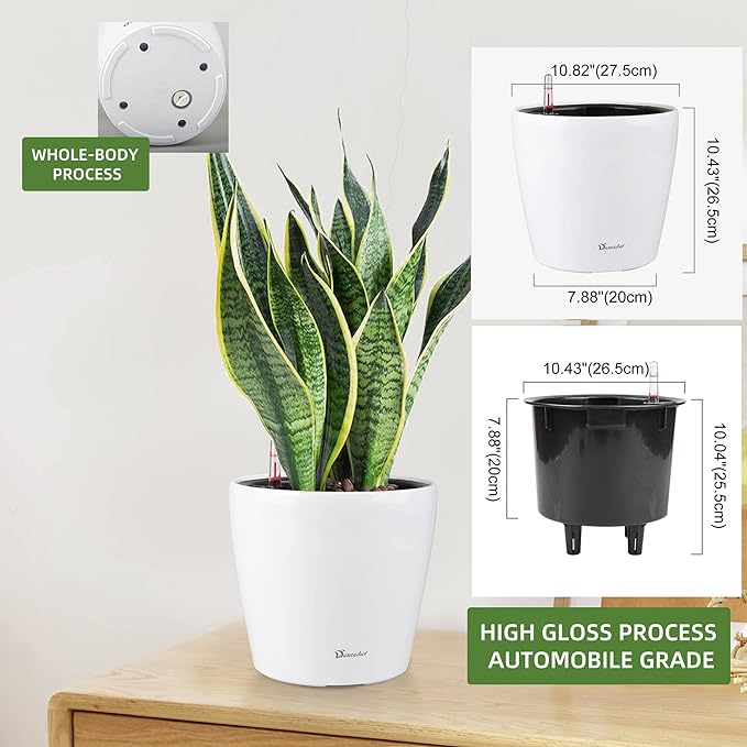 Dexceder 11x10 Inches High Gloss Self Watering Planter Indoor Outdoor, Inner Pot Design, Thickened Table Flower Plant Pot with Water Level Indicator (White)