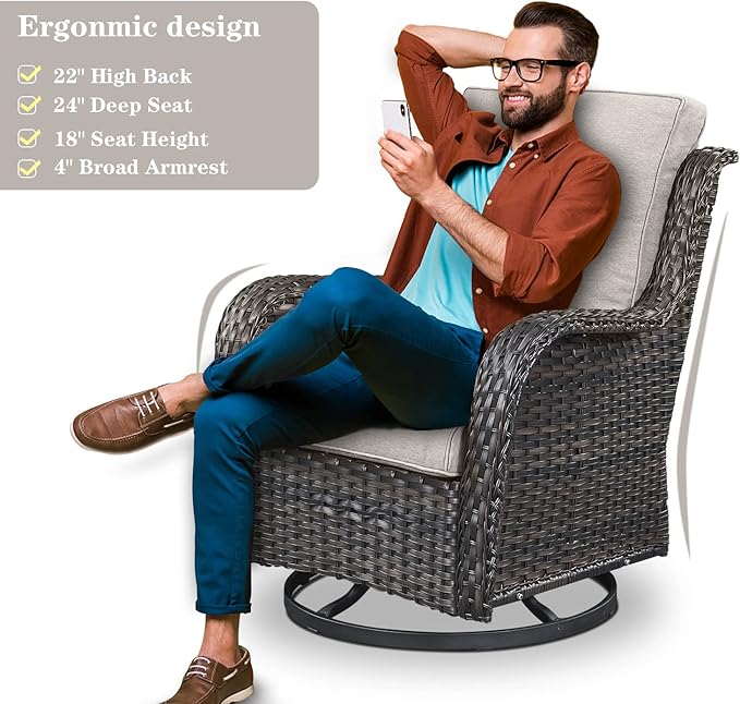 Outdoor Patio Furniture Set with Propane Fire Pit Table, 7 Pieces Wicker Patio Conversation Set with 2 Swivel Glider Rocker Chair Rattan Sofa Beige Cushion Perfect for Casual Gathering