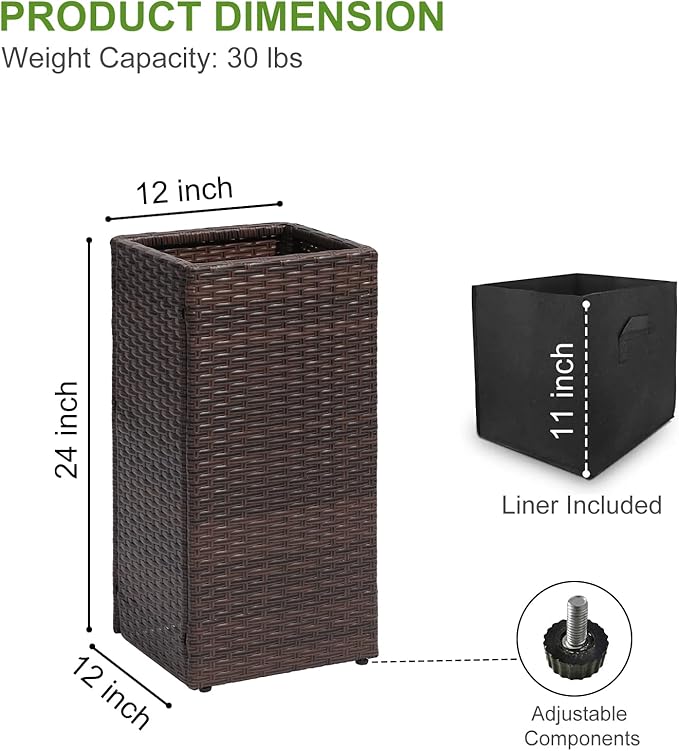 LEWIS&WAYNE Set of 2 Tall Planters for Outdoor Plants Handmade 24'' Wicker Tall Square Planter Box with Removable Liners Modern Planter for Indoor Outdoor Garden Patio Front Porch - Brown