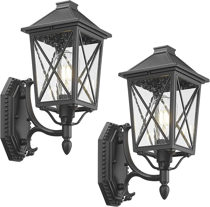 Darkaway Outdoor Wall Light Fixture,2pcs Outside Porch Lights Wall Mounted Seeded Glass Exterior Waterproof Lantern Modern E26 Socket Wall Sconce Lighting for Front Door Yard Patio