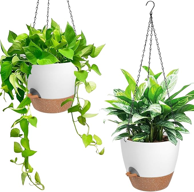 Hanging Planters for Indoor Outdoor Plants, 2 Pack Self Watering Hanging Pot with Drainage Holes & Removable Tray (White, 6'')