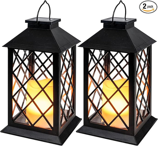 Homemory Solar Lanterns Outdoor Waterproof Hanging with Flickering Flameless Candles, 2 Pack 13'' Garden Outdoor Lantern Decorative for Patio Front Porch Backyard Balcony Cabin Outside Table(Black)