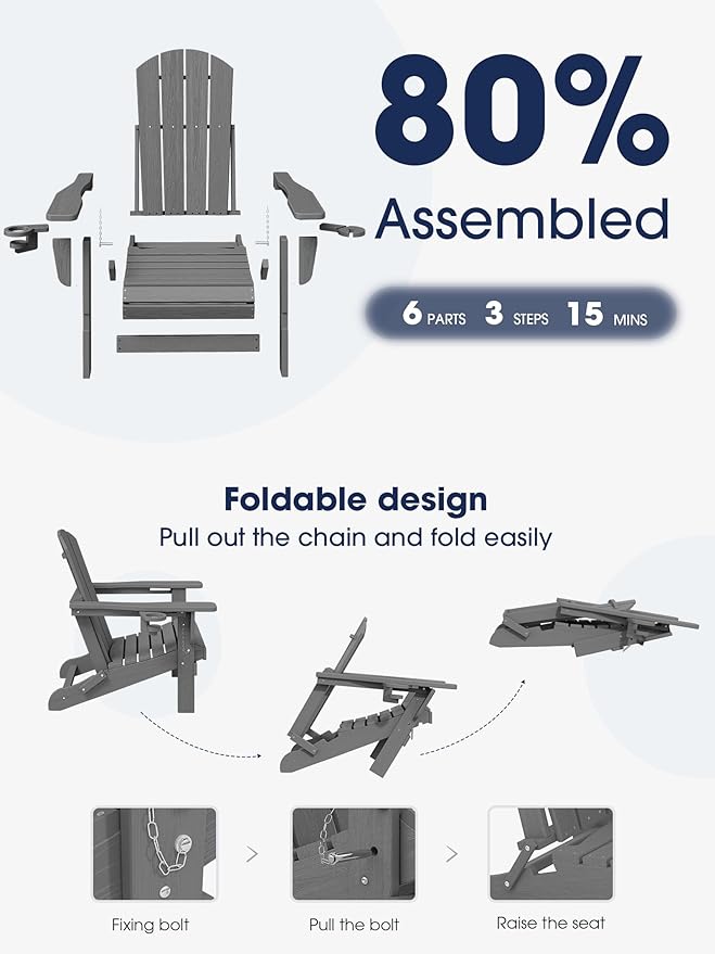 KINGYES Folding Adirondack Chair with Dual Cup Holders - HDPE All-Weather Outdoor Chairs, Grey