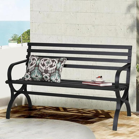 PHI VILLA Outdoor Garden Bench, 48” Long Metal Steel Bench with Backrest and Armrests, Modern Slatted Design for Patio, Lawn, Yard, Porch - Black