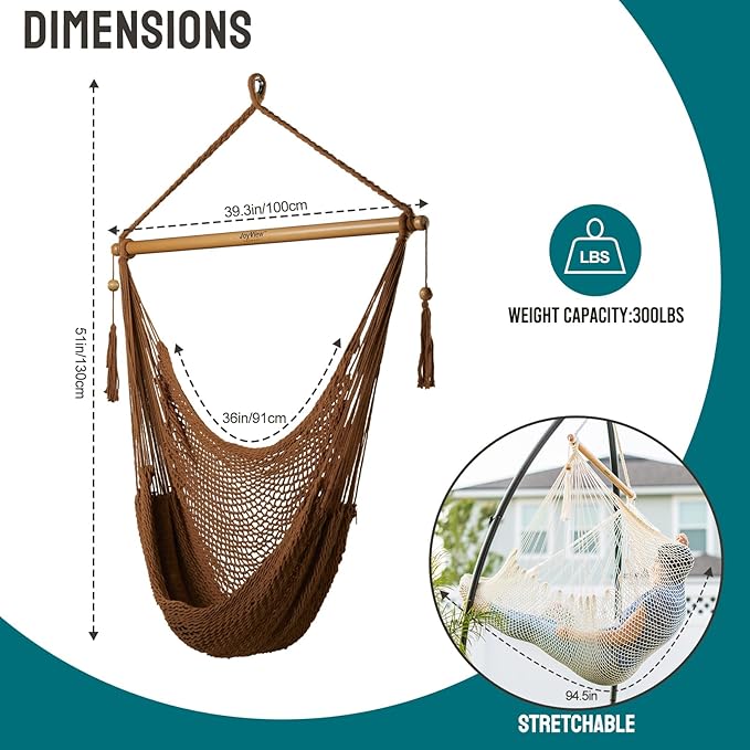 JoyView Hammock Chair with Spreader Bar Caribbean Hammock Swing Chair 300 LBS Weight Capacity XL Rope Hanging Chair for Outdoor Indoor Garden Yard - Brown