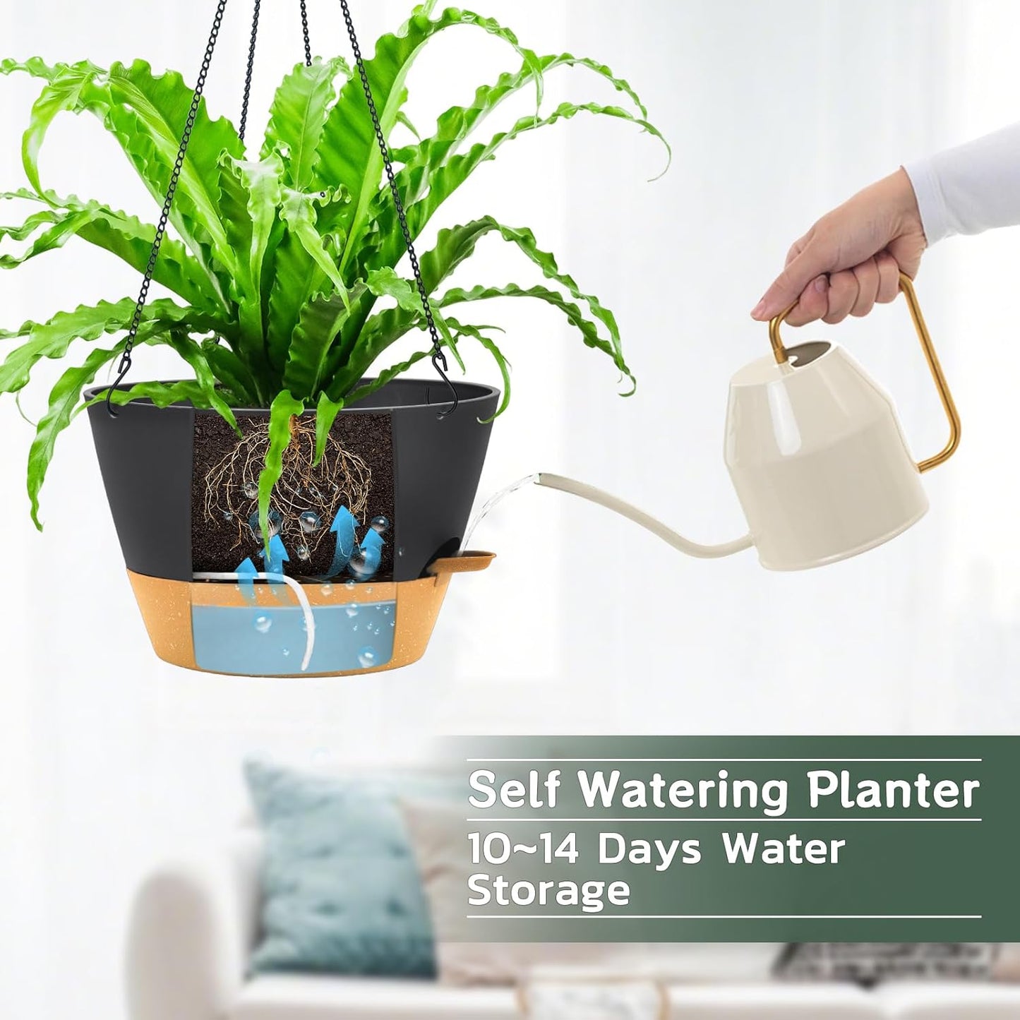 ZMTECH 12 Inch Hanging Planters for Indoor, 2 Pack Self Watering Plant Pot for Outdoor Garden Porch, Large Hanging Baskets with Visible Water Level and Chain(12Inch, Gray)