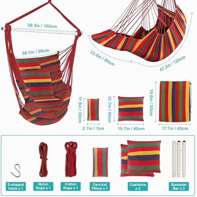 Outerman Hammock Chair, Hanging Chair with 3 Cushions and Foot Rest Support, Sturdy Metal Spreader Bar Max 440 Lbs, Swing Chair for Bedroom, Indoor & Outdoor, Patio, Porch or Tree（Red）