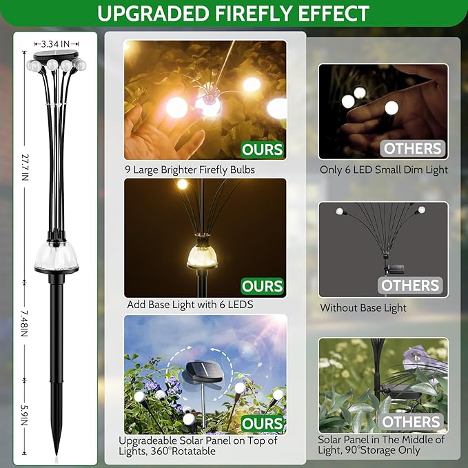 AOSEA Larger Bulbs Solar Garden Lights Outdoor, 2 Pack 18 LED Solar Firefly Lights Fairy Swaying by Wind for Outside, IP67 Waterproof,for Patio Garden Yard Walkway Sidewalk, Black