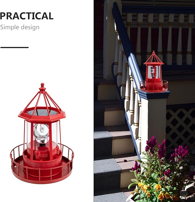 Operitacx Solar Powered Rotating Lighthouse Lamp - Waterproof Solar Lighthouse Outdoor Garden Decor, Led Yard Light for Patio, Lawn, and Pathway (Red)