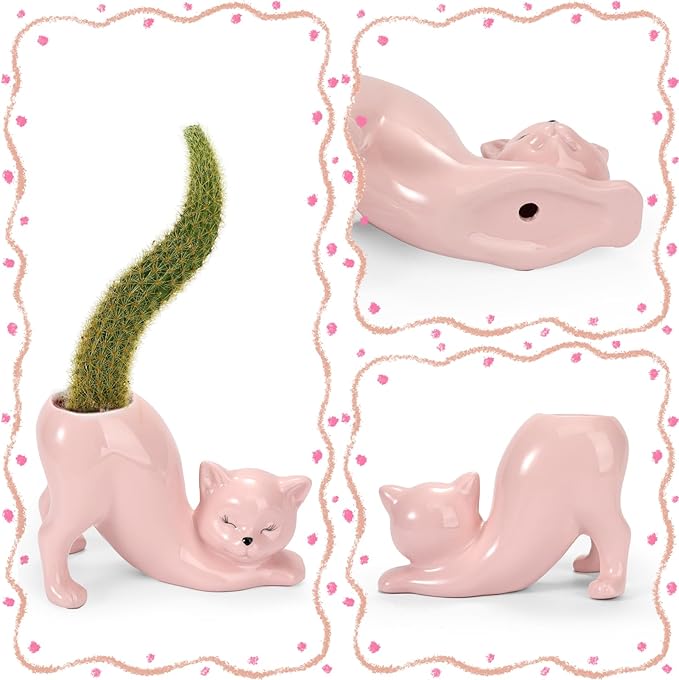 TOIVO Cat Planter Pot，Indoor and Outdoor Plant Displays，Funny Ceramics Cat Flower Pot，Cat Gifts for Cat Lovers，Lovely Office Desk Room Home Decor (Pink, Small)