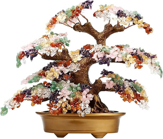 Feng Shui Money Tree Large Pine Tree Style Crystal Quartz Lucky Tree Gem Tree for Office Home Feng Shui Decoration for Wealth/Fortune and Luck (Multicolored)
