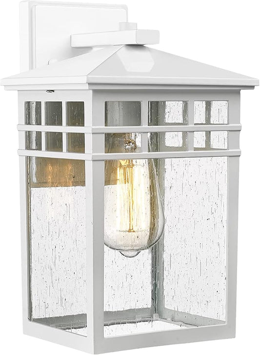 Outdoor Light Fixture Wall Mount, Rustic Exterior Lights Fixture Wall Sconces with Seeded Glass for Front Porch, Waterproof Outdoor Lantern in White Finish for Home, Garage, Barn, Storefront