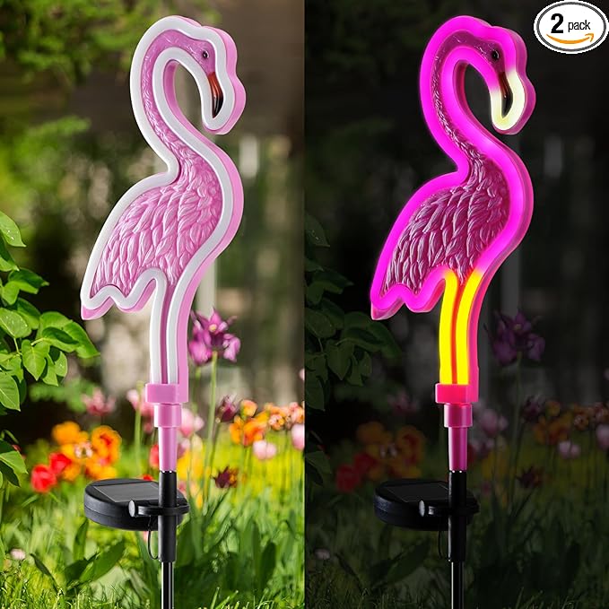 Solar Flamingo Garden Light 2Pack,Solar Outdoor Garden Decoration,Pink Neon Flamingo Solar Lights,Christmas Outdoor Decoration,Waterproof Garden Outdo (2pcs - Neon Flamingo)