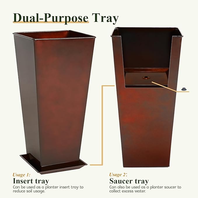 WORTH Garden 25" Large Metal Glazed Planter Set of 2, Luxurious Glossy Finish Red Tall Square Tapered Steel Plant Pots, Decor Flower Pot Indoor & Outdoor, Drainage Hole & Dual-Purpose Plant Saucer