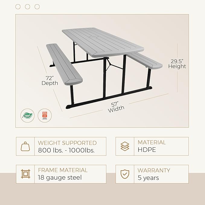 OEF Furnishings Heavy Duty Blow Molded Folding Picnic Table- Light Speckled Grey, Black Frame