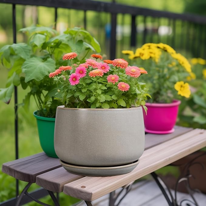 G EPGardening Ceramic Planter 9 Inch - Round Modern Plant Pots with Drainage and Plant Saucer Indoor Outdoor for Flower, Vanity Decor, House Gifts, Retro Grey