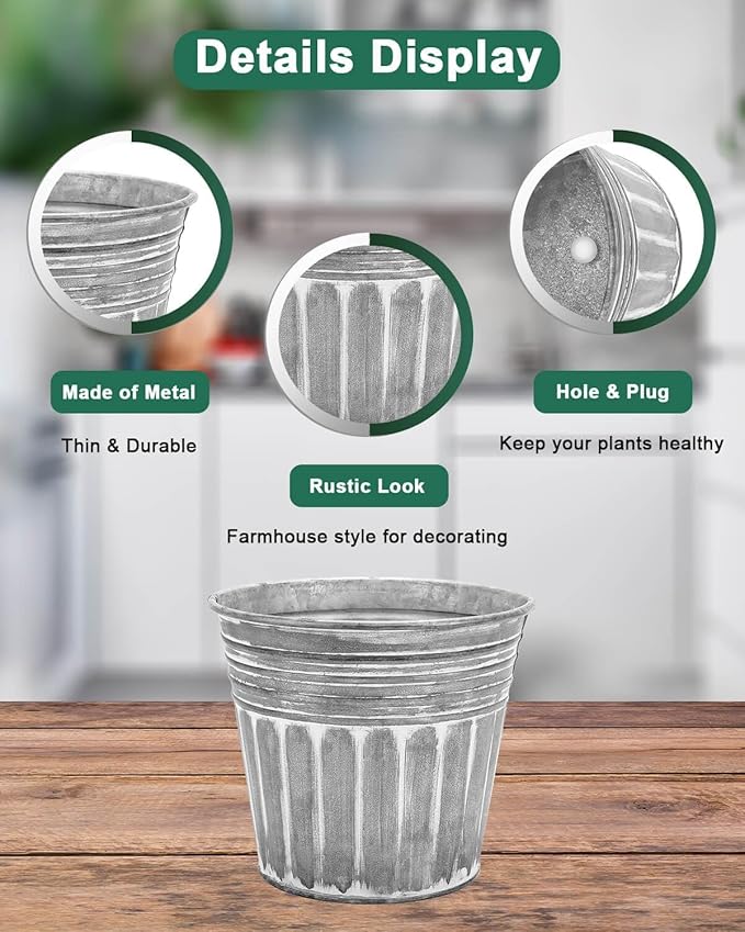 vensovo 7 Inches Silver Metal Rustic Flower Pots - 6 Pcs Medium Galvanized Planters with Drainage Hole and Rubber Plug, Rustproof Tin Bucket Plant Pot Farmhouse Vintage Style for Decor