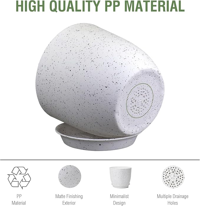 Plant Pots 12 inch, Plastic Planters with Drainage Holes and Saucers, Large Flower Pots for Indoor Outdoor Plants, Modern Decorative Pots for Garden House Plants, Speckled White