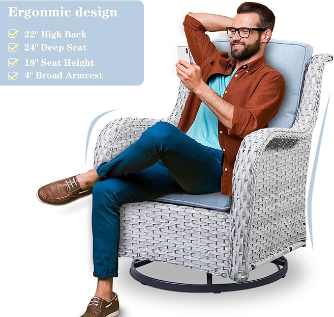 Wicker Outdoor Furniture Patio Furniture Set - 6 Piece Patio Conversation Set with Swivel Rocker Chairs, Loveseat Sofa, Ottomans and Coffee Table, Baby Blue Cushion