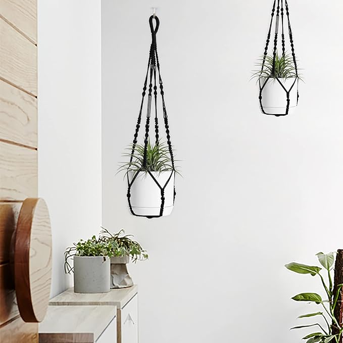 Macrame Plant Hanger Indoor Hanging with Wood Beads Macrame Planters No Tassel for Indoor Outdoor Boho Home Decor 35 Inch (Black,2pcs)