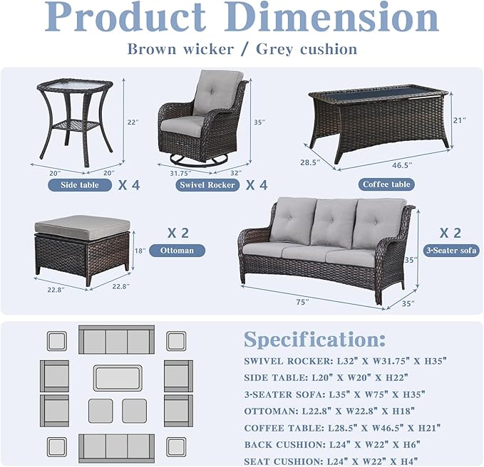 Wicker Patio Furniture Sets - 13 Piece Outdoor Rattan Furniture Conversation Sets with 4 Swivel Rocker Chairs, 2 Rattan Sofas, Wicker Ottomans and Coffee Table, Brown/Grey