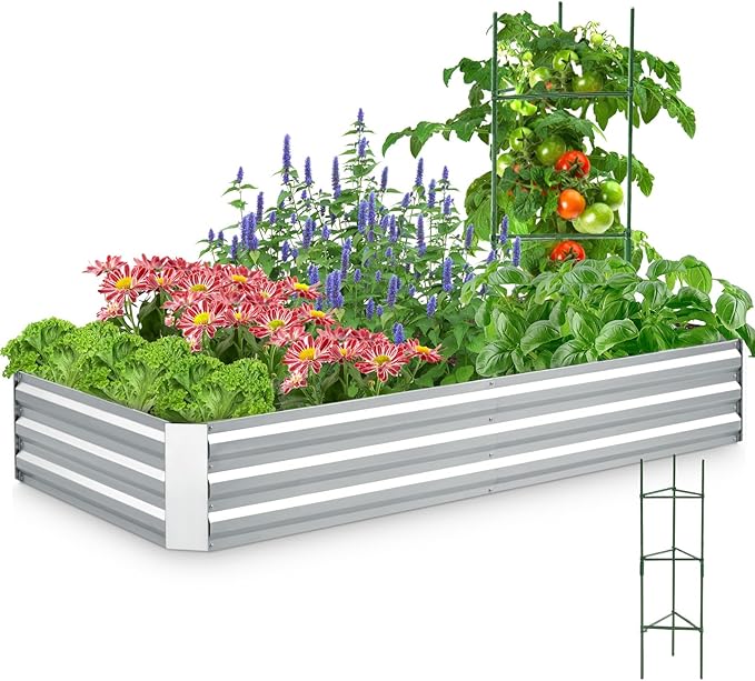Quictent Galvanized Raised Garden Bed 6x3x1 Ft Metal Planter Box for Vegetables Bottomless for Backyard Outdoor, Include 1 Tomato Cage, Silver