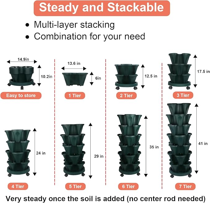 Vertical Planter 7 Tier Stackable Planters Garden Planters Strawberry Herb Flower and Vegetable Planter Indoor Outdoor Gardening Pots with Removable Wheels and Tools 2-Pack