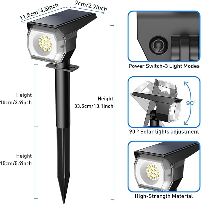 EIUIO Solar Outdoor Lights, 3 Lighting Modes Solar Spot Lights Outdoor with Auto On/Off, Waterproof Landscape Lighting for Garden Yard Pathway